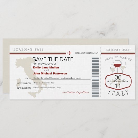 Boarding Pass to Italy Wedding Invitation Save The Date (Voorkant / Achterkant)