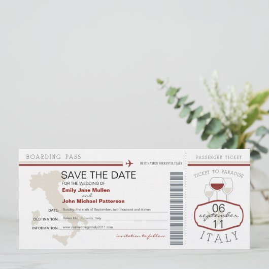 Boarding Pass to Italy Wedding Invitation Save The Date (Staand voorkant)