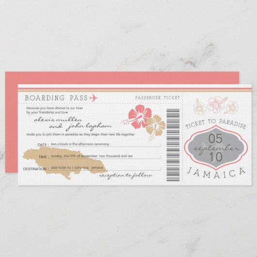 Boarding Pass to Jamaica Wedding Invitation Kaart (Voorkant / Achterkant)