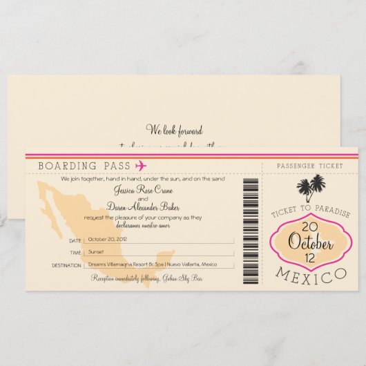 Boarding Pass to Mexico Wedding Invitation Kaart (Voorkant / Achterkant)