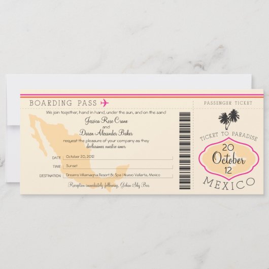 Boarding Pass to Mexico Wedding Invitation Kaart (Voorkant)