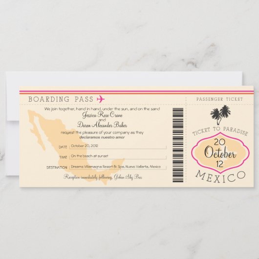 Boarding Pass to Mexico Wedding Invitation Kaart (Voorkant)