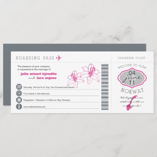 Boarding Pass to Norway Wedding Invitation Kaart (Voorkant / Achterkant)