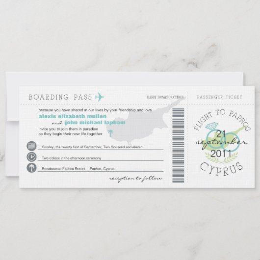 Boarding pass to Paphos Cyprus Wedding Invitation Kaart (Voorkant)