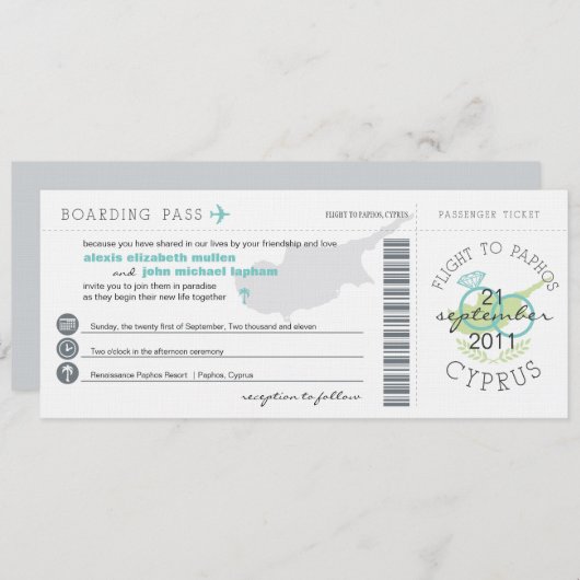 Boarding pass to Paphos Cyprus Wedding Invitation Kaart (Voorkant / Achterkant)
