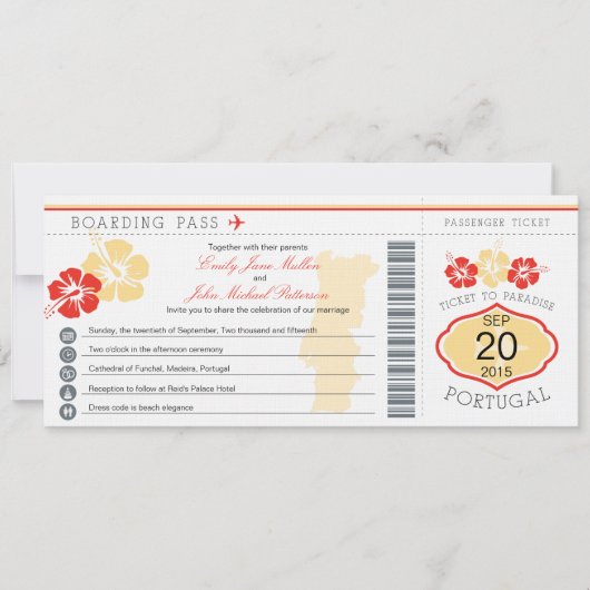 Boarding pass to Portugal Wedding Invitation Kaart (Voorkant)