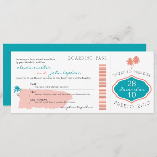 Boarding pass to Puerto Rico Wedding Invitation Kaart (Voorkant / Achterkant)