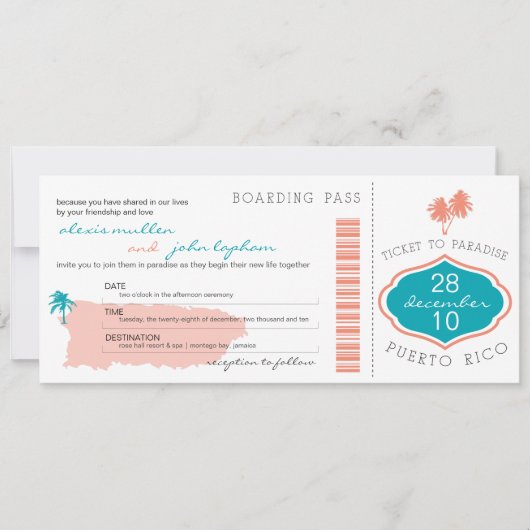 Boarding pass to Puerto Rico Wedding Invitation Kaart (Voorkant)