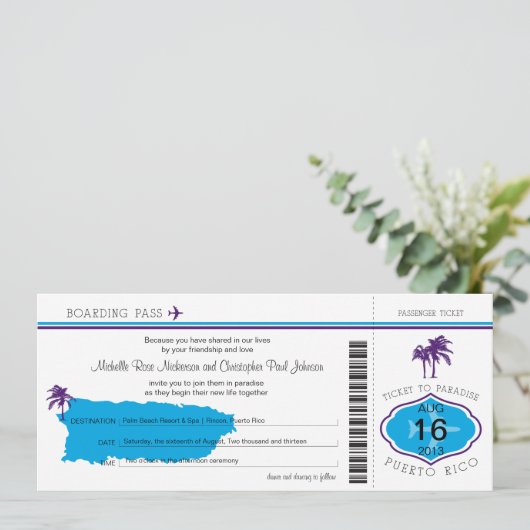 Boarding Pass to Puerto Rico Wedding Kaart (Staand voorkant)