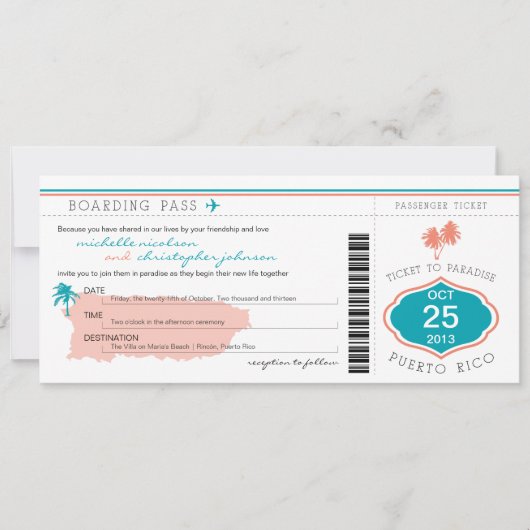 Boarding Pass to Puerto Rico Wedding Kaart (Voorkant)