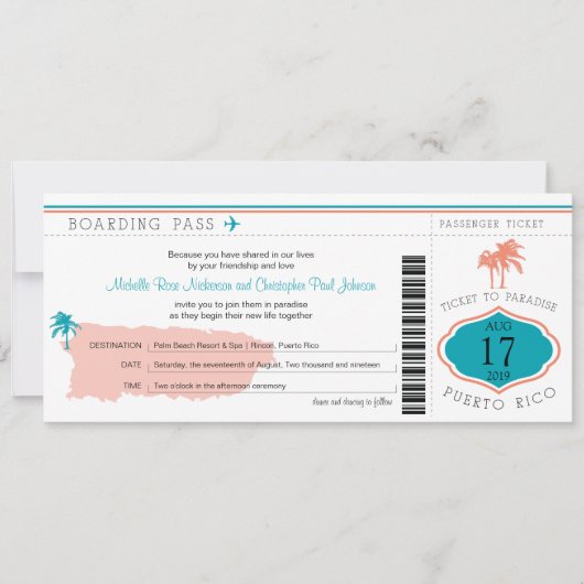 Boarding Pass to Puerto Rico Wedding Kaart (Voorkant)