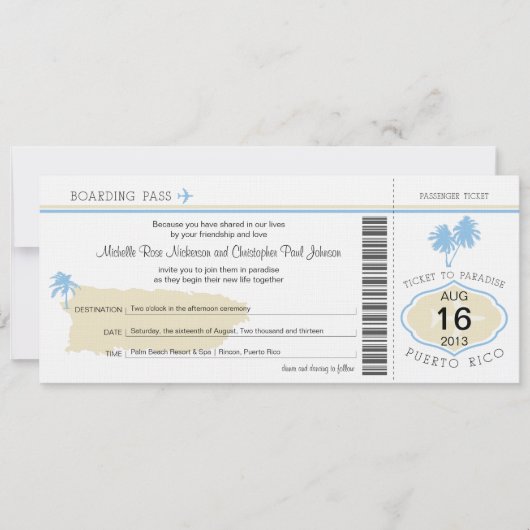 Boarding Pass to Puerto Rico Wedding Kaart (Voorkant)