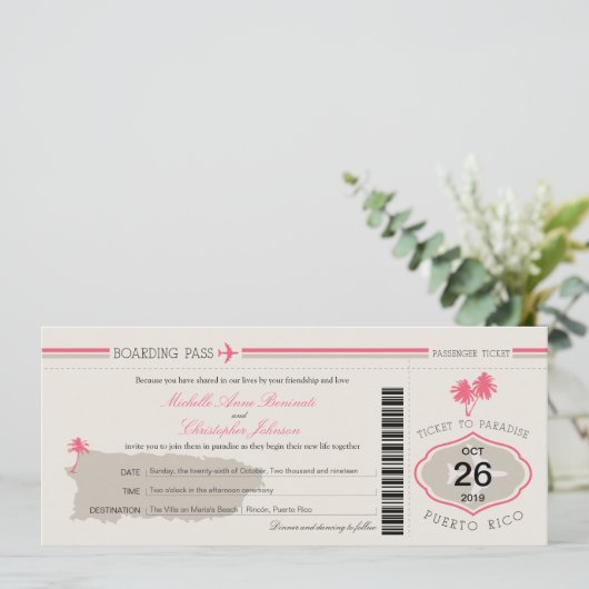 Boarding Pass to Puerto Rico Wedding Kaart (Staand voorkant)