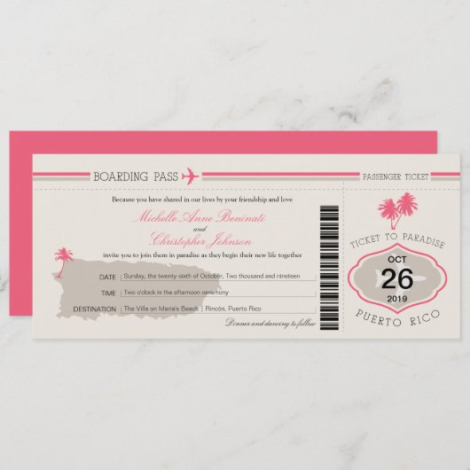 Boarding Pass to Puerto Rico Wedding Kaart (Voorkant / Achterkant)