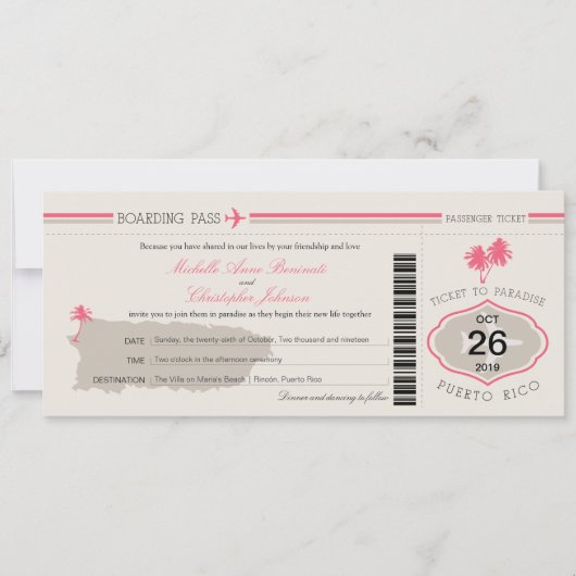 Boarding Pass to Puerto Rico Wedding Kaart (Voorkant)