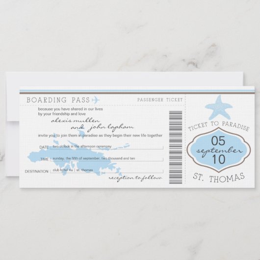 Boarding Pass to St Thomas Wedding Invitation Kaart (Voorkant)