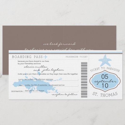 Boarding Pass to St Thomas Wedding Invitation Kaart (Voorkant / Achterkant)