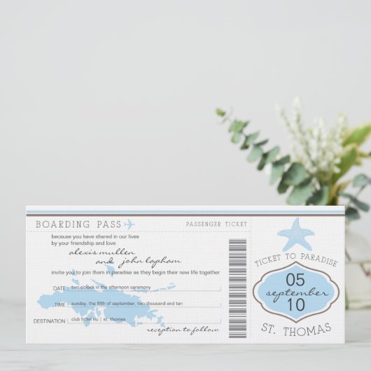 Boarding Pass to St Thomas Wedding Invitation Kaart (Staand voorkant)