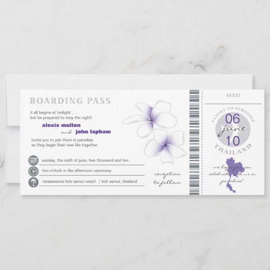 Boarding Pass to Thailand Wedding Invitation Kaart (Voorkant)
