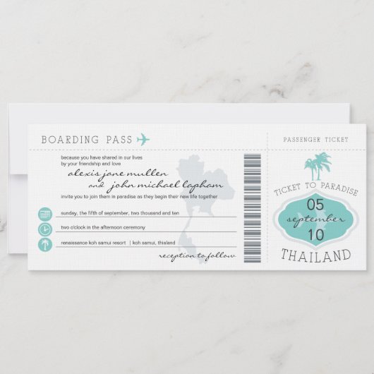 Boarding Pass to Thailand Wedding Invitation Kaart (Voorkant)