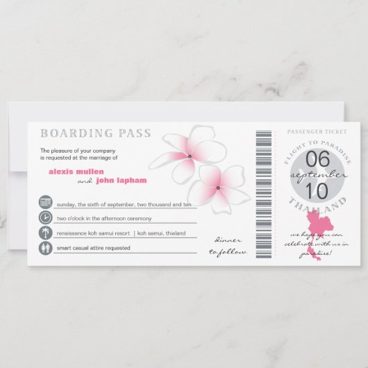 Boarding Pass to Thailand Wedding Invitation Kaart (Voorkant)