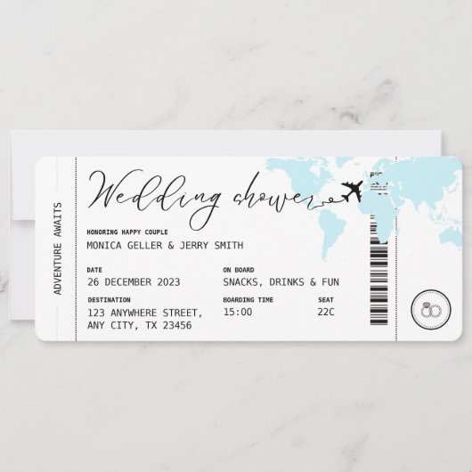 Boarding Pass Travel Blue Wedding Shower Kaart (Voorkant)
