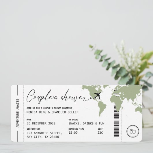 Boarding Pass Travel Couple's Shower Sage Green Kaart (Staand voorkant)