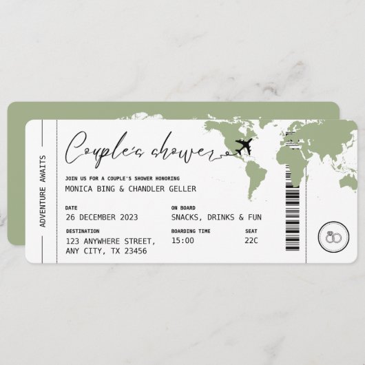 Boarding Pass Travel Couple's Shower Sage Green Kaart (Voorkant / Achterkant)