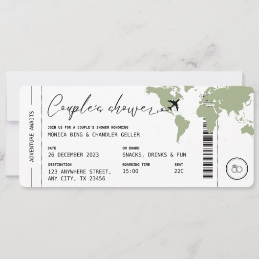 Boarding Pass Travel Couple's Shower Sage Green Kaart (Voorkant)