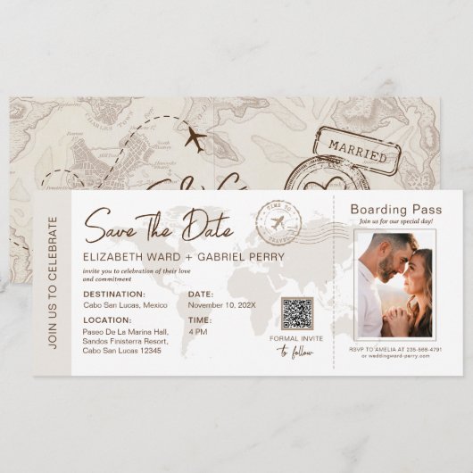 Boarding Pass Travel Wedding Beige Kaart (Voorkant / Achterkant)