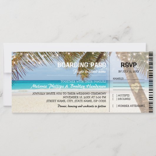Boarding Pass Tropical Beach bruiloft Kaart (Voorkant)