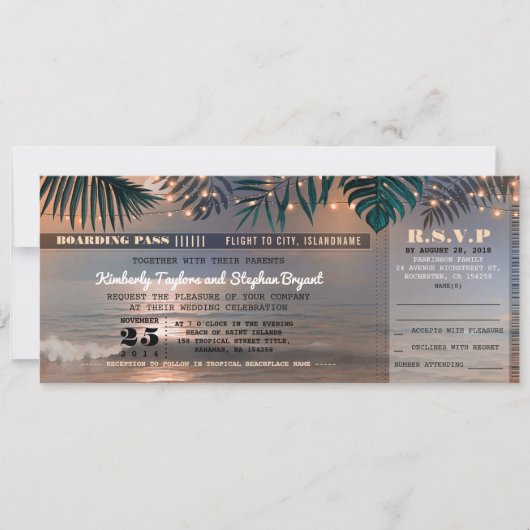 Boarding Pass Tropical Beach Lights Trouwticket Kaart (Voorkant)