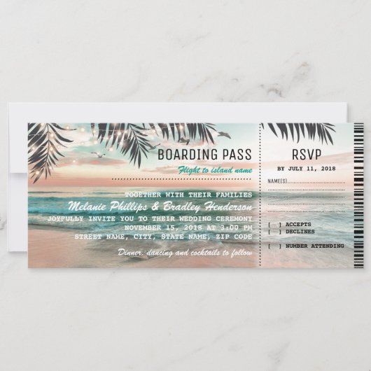 Boarding Pass Tropical Beach Weddenschappen Ticket Kaart (Voorkant)