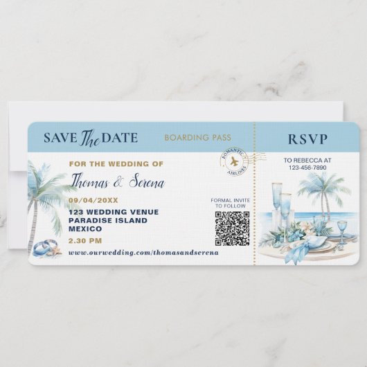Boarding Pass Tropical Destination QR Code Wedding Kaart (Voorkant)
