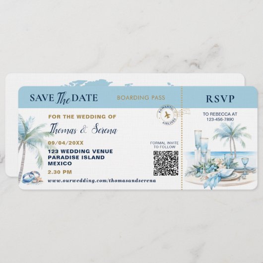 Boarding Pass Tropical Destination QR Code Wedding Kaart (Voorkant / Achterkant)
