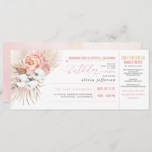 Boarding Pass Tropical Floral Verjaardag Ticket In Kaart (Voorkant / Achterkant)