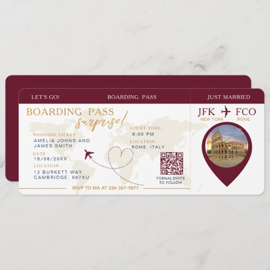 Boarding Pass Verrassingsvliegticket bruiloft Kaart (Voorkant / Achterkant)