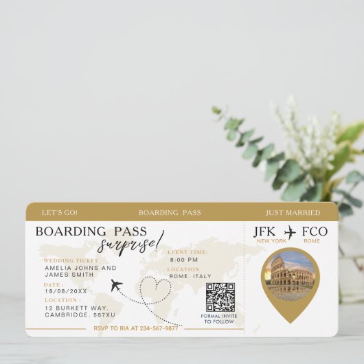 Boarding Pass Verrassingsvliegticket bruiloft Kaart (Staand voorkant)