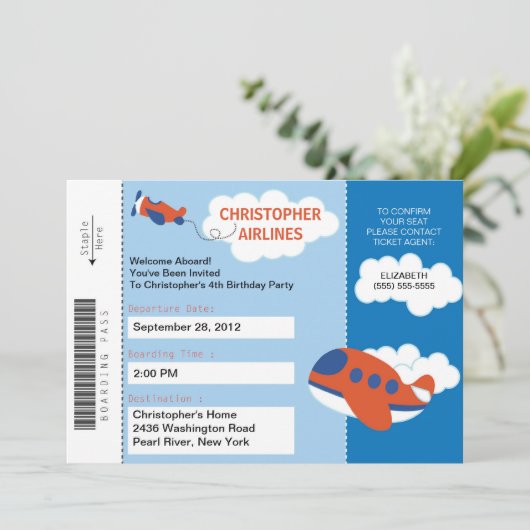 Boarding Pass Vliegtuigverjaardagsfeestje Uitnodig Kaart (Staand voorkant)
