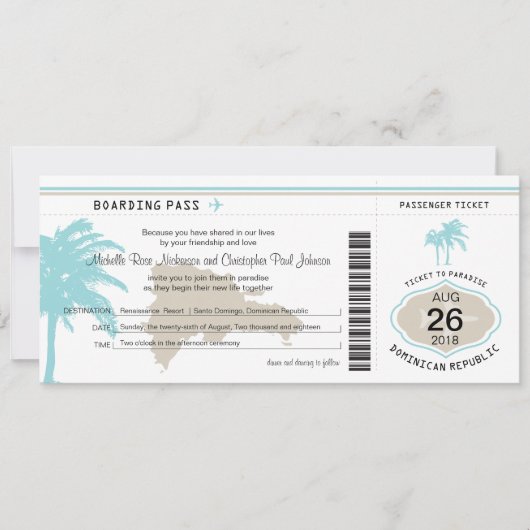 Boarding Pass voor bruiloft Dominicaanse Republiek Kaart (Voorkant)