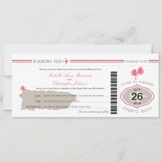 Boarding Pass voor bruiloft in Puerto Rico Kaart (Voorkant)