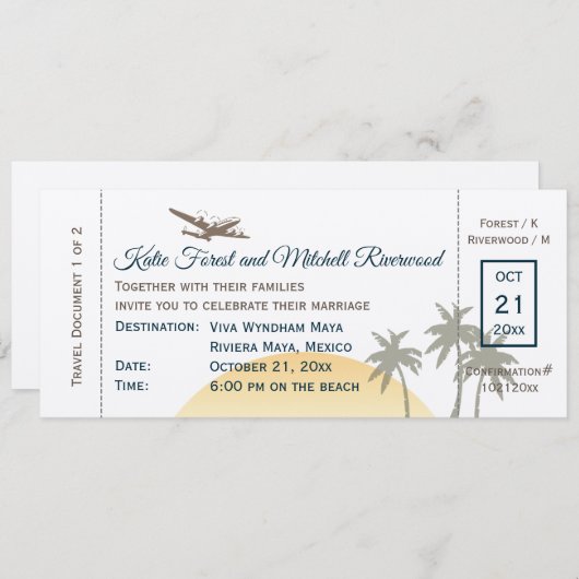boarding Pass Wedding on ecru Uitnodiging (Voorkant / Achterkant)