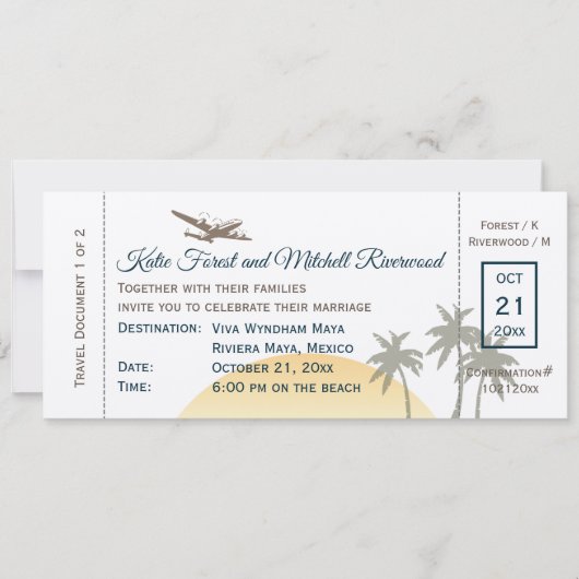 boarding Pass Wedding on ecru Uitnodiging (Voorkant)