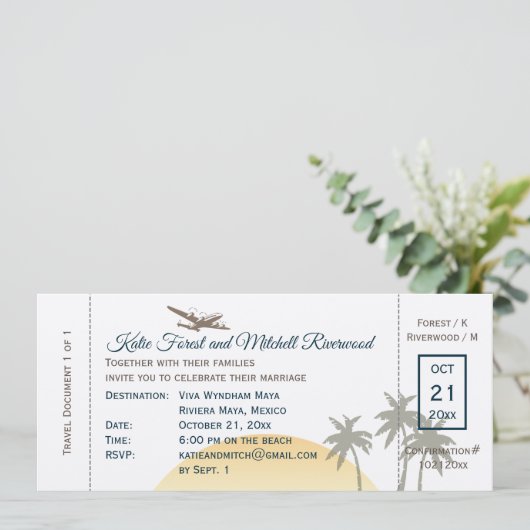 boarding Pass Wedding & RSVP op ecru Kaart (Staand voorkant)