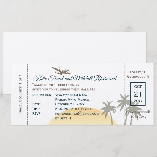  boarding Pass Wedding & RSVP op ecru Kaart (Voorkant / Achterkant)