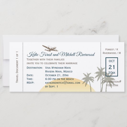 boarding Pass Wedding & RSVP op ecru Kaart (Voorkant)