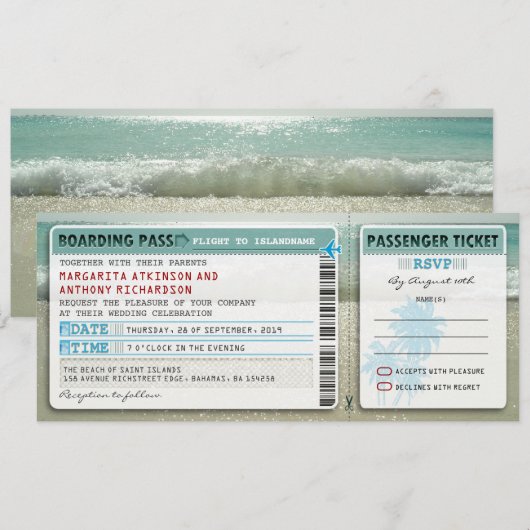 Boarding Pass Wedding Tickets-Uitnodigingen met RS Kaart (Voorkant / Achterkant)