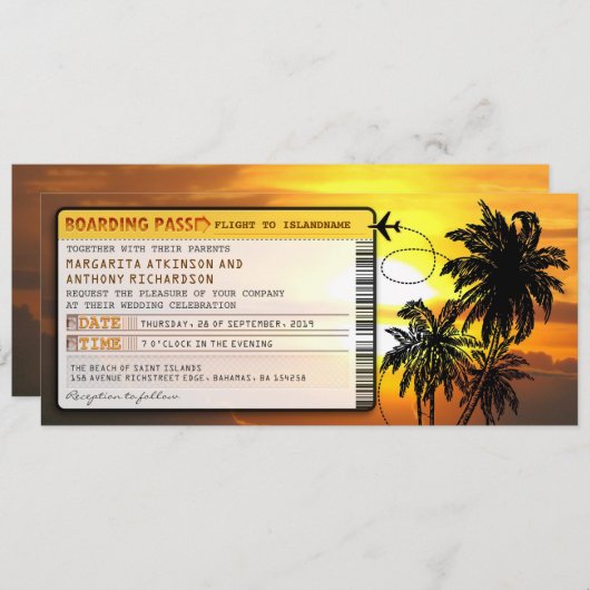 Boarding Pass Wedding Tickets-Uitnodigingen met zo Kaart (Voorkant / Achterkant)