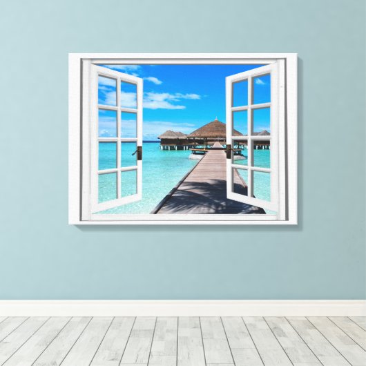 Boardwalk Ocean Uitzicht Faux Window Canvas Afdruk (Insitu (Houten vloer))