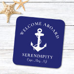 Boat Anchor Navy Personalized Kartonnen Onderzetters<br><div class="desc">De moderne nautische onderzetters voor de gasten van uw boot die een witte illustratie van een anker op een blauw marineklein vertonen. U kunt de tekst "Welcome Aboard" en de naam en locatie van uw boot personaliseren in elegante witte typografie.</div>